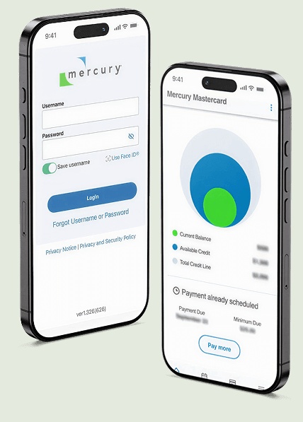 Two phones showing an earlier Mercury app login and card balance interface