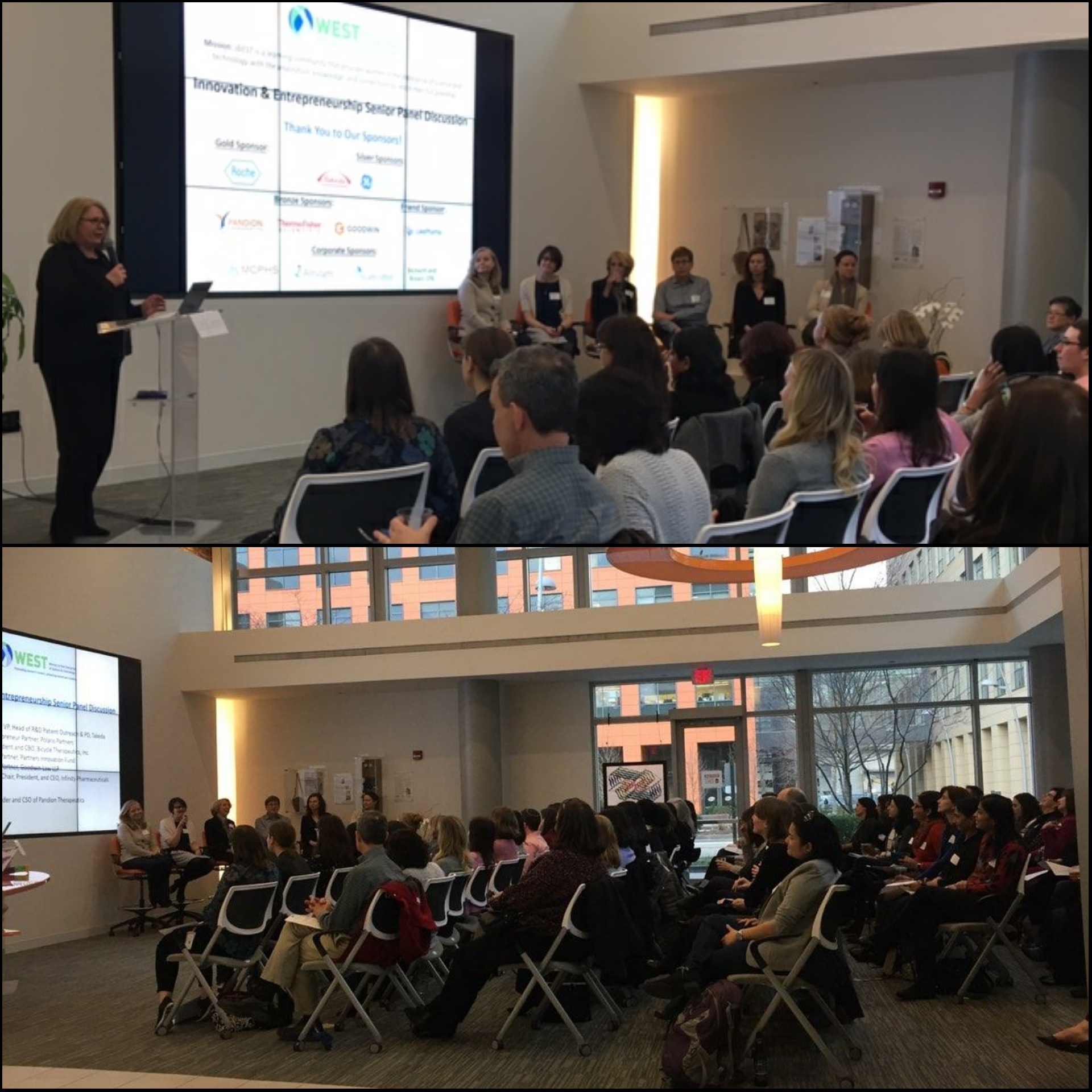Two photographs of WEST's April 2018 innovation and entrepreneurship panel and its audience