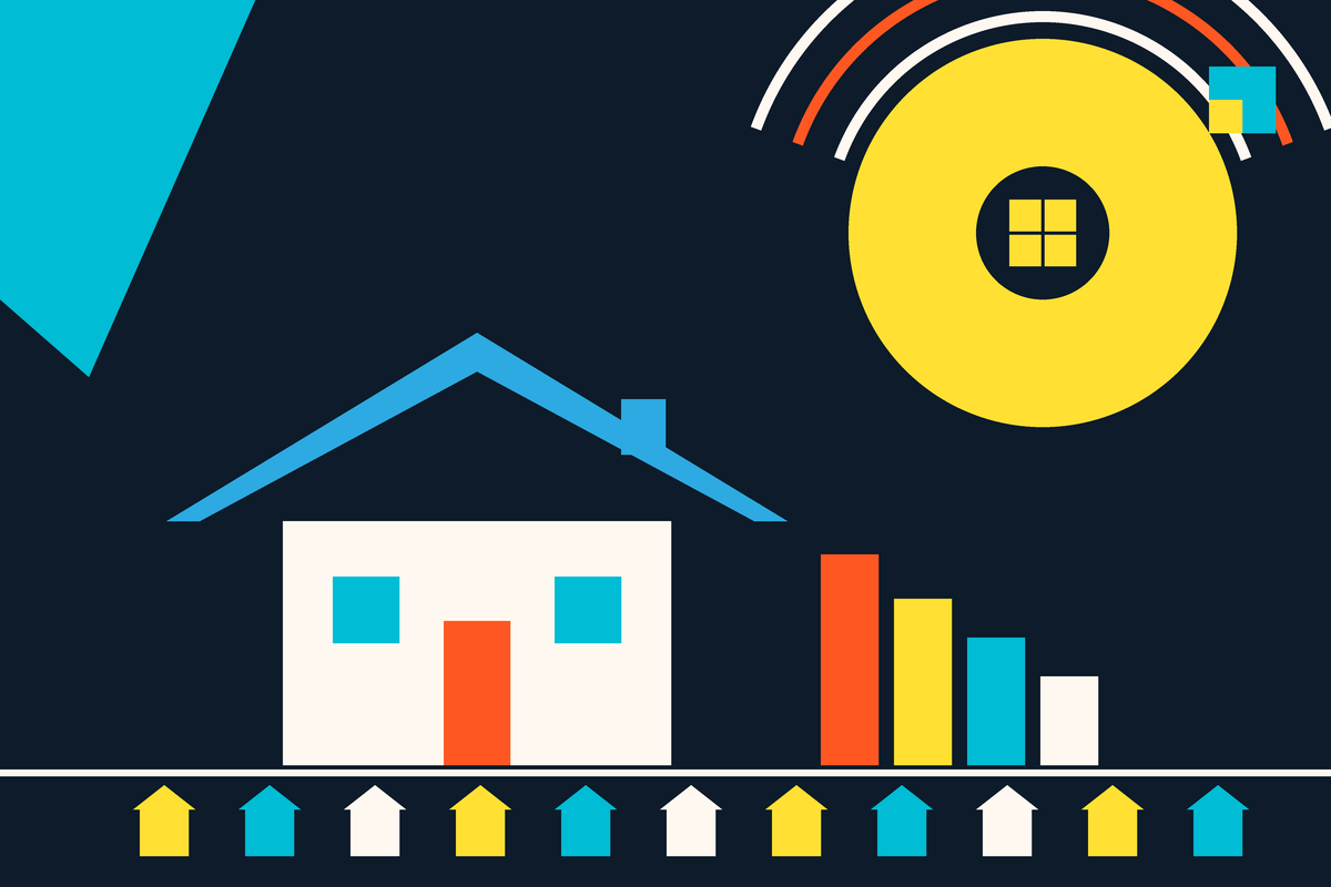 Swiss-style illustration of an energy-efficient home, solar disc and a descending efficiency scale