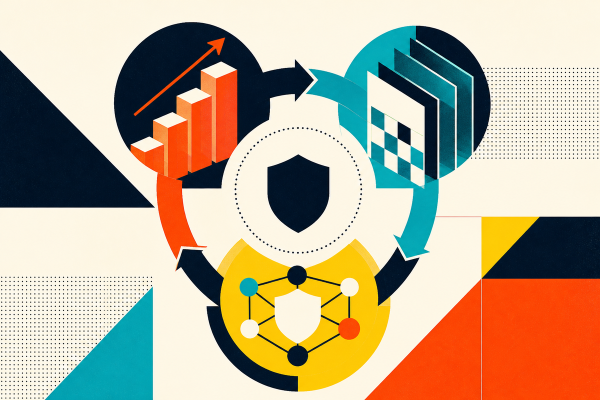 Abstract Swiss-style illustration of three cybersecurity systems circulating around a protected core