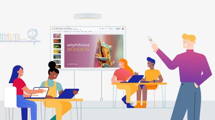 A teacher and students in a classroom shown in Merlyn’s product photography