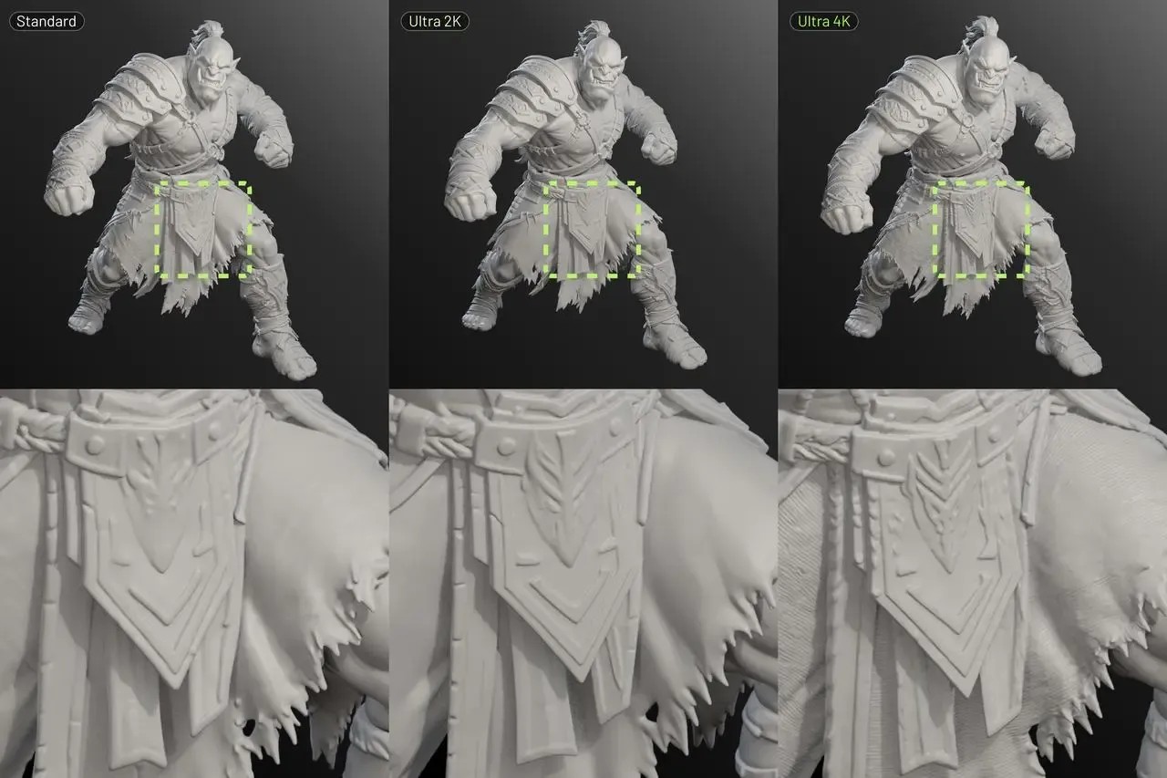 Meshy comparison showing the same generated character at standard, Ultra 2K and Ultra 4K detail