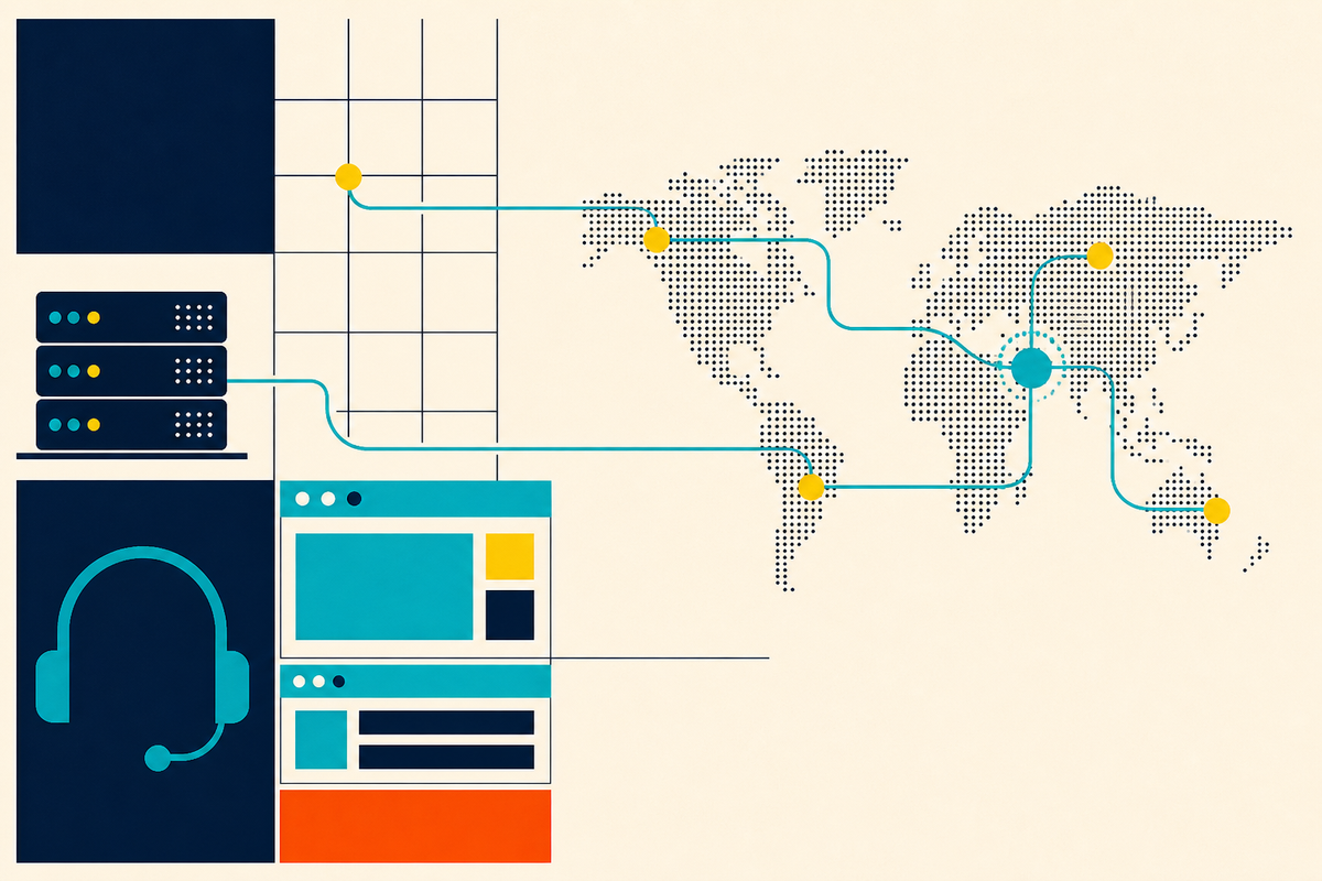 Abstract Swiss-style map linking a Kolkata service hub to global software and customer-support operations