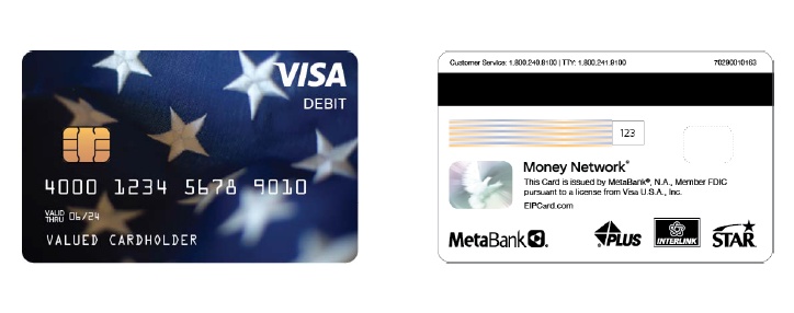 Treasury’s example Economic Impact Payment debit card, showing Visa on the front and MetaBank as issuer on the back.