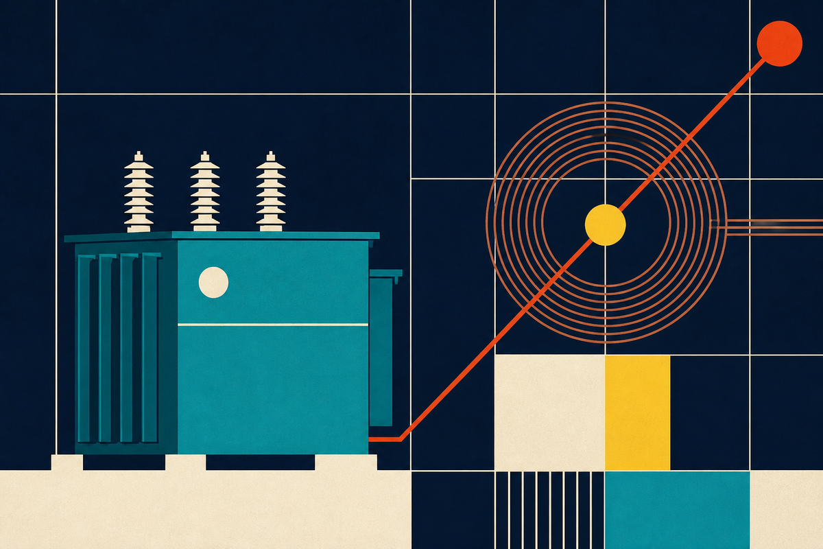 Abstract Swiss-style illustration of a teal power transformer, copper coil and electrical grid