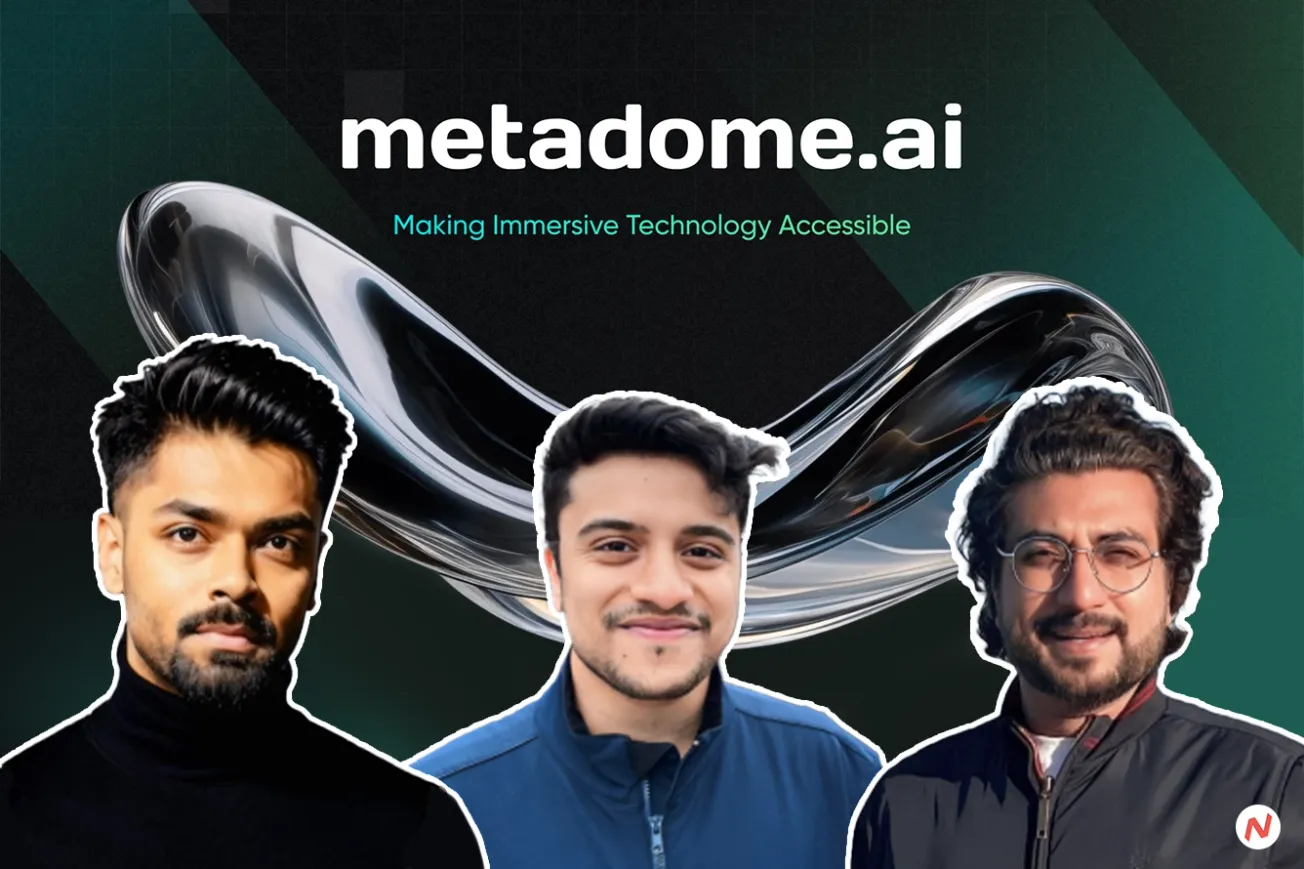 Three Metadome.ai leaders standing before the company's branded display in funding coverage