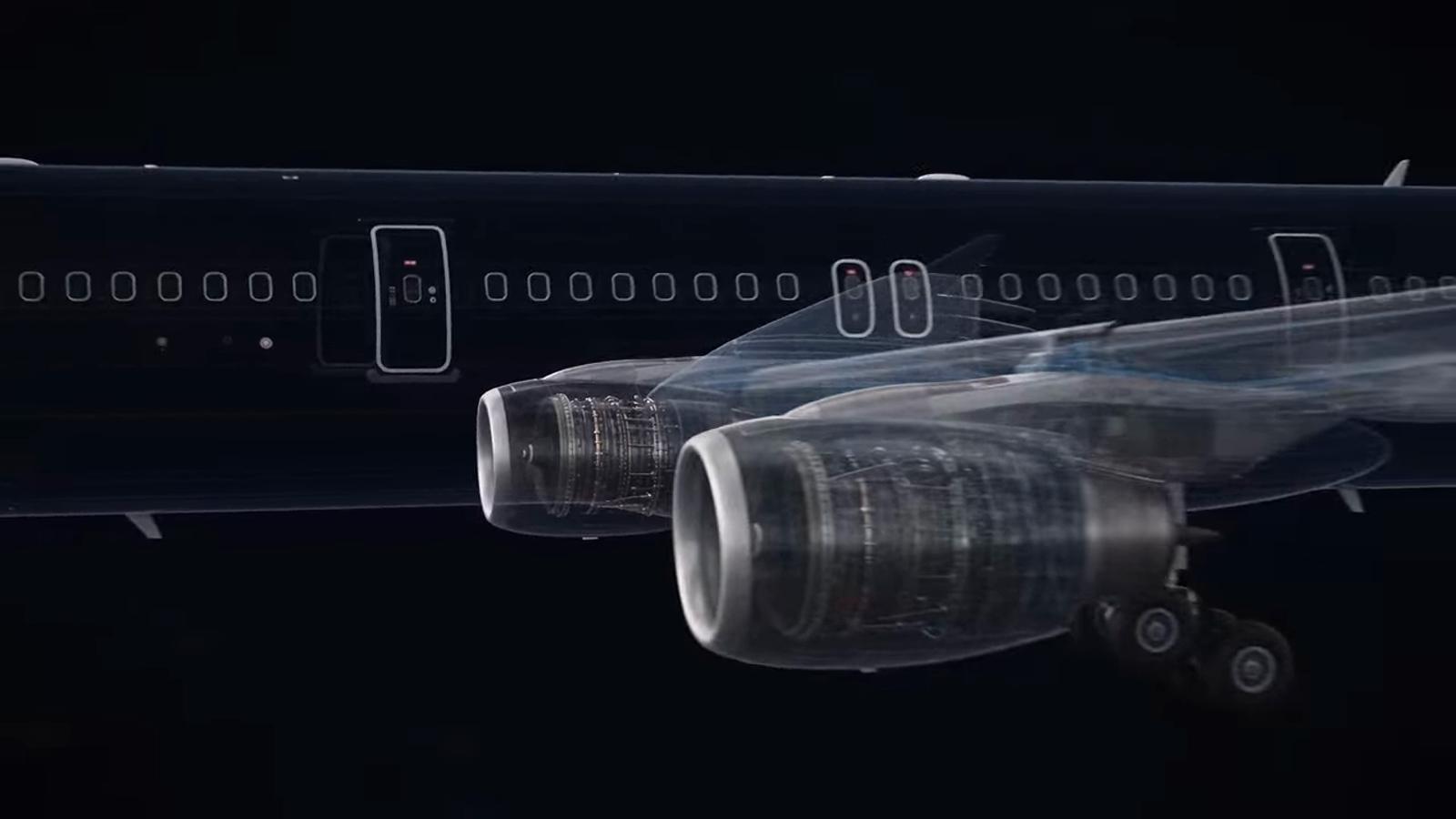 A company visualization of an aircraft with translucent structure exposing its engines