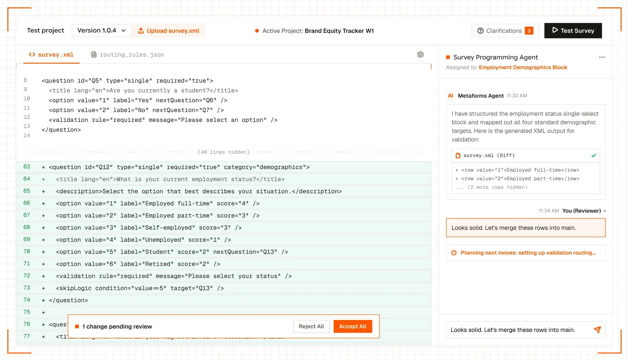 Metaforms product illustration showing survey XML beside proposed changes from a survey programming agent