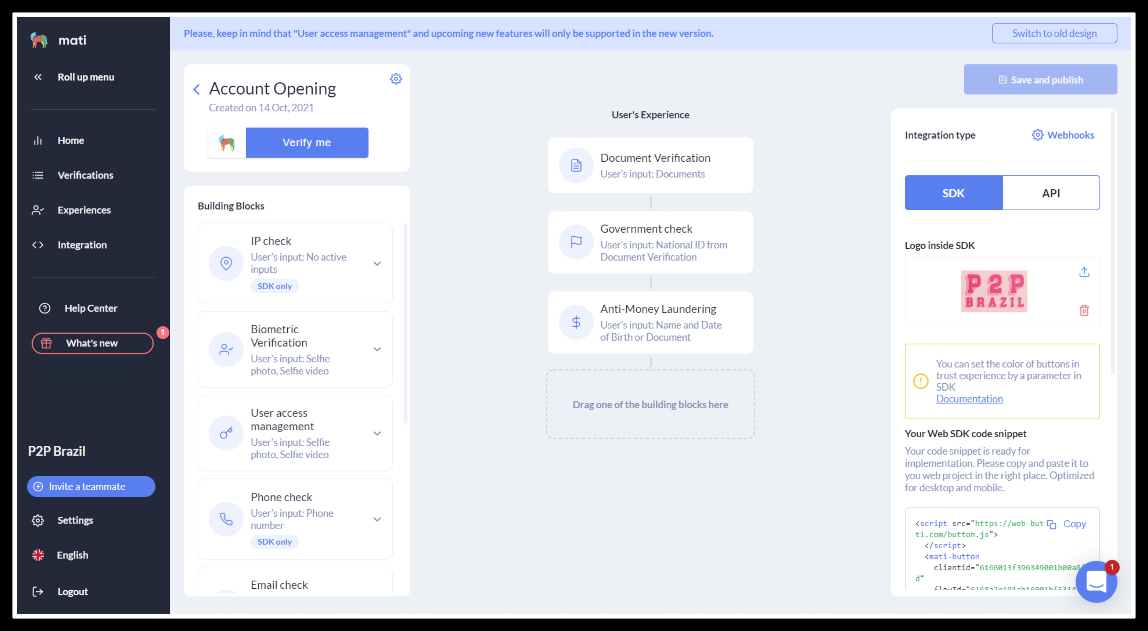 MetaMap workflow builder showing an account-opening verification configuration