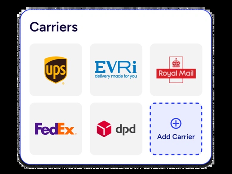 Metapack product illustration showing a selection of parcel carriers and an Add Carrier control