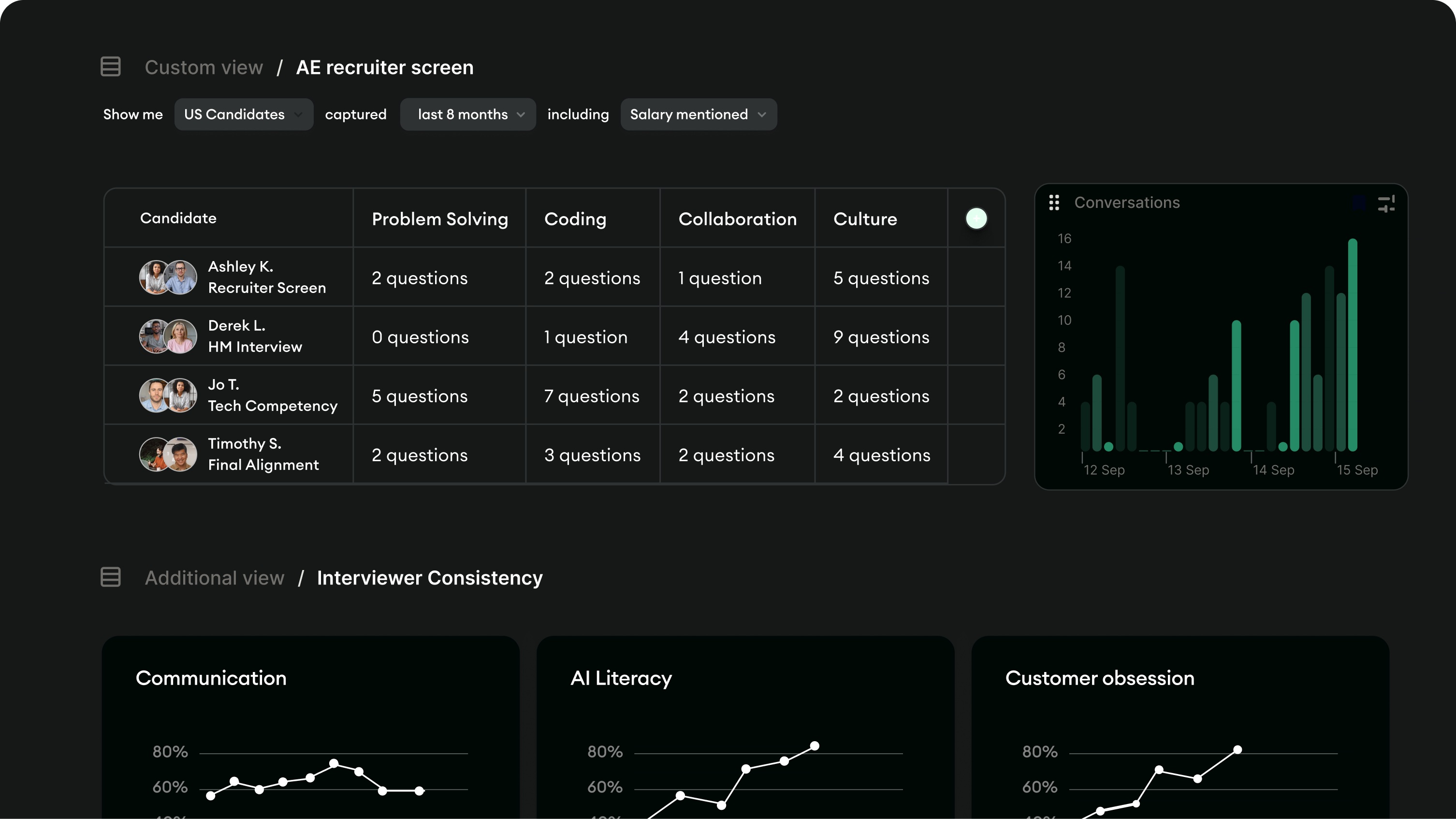 Metaview product interface displaying recruiting reports and interview insights