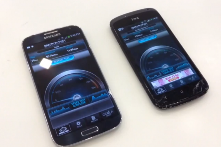 Samsung and HTC handsets running a speed-test comparison during Meteor’s 2013 4G demonstration