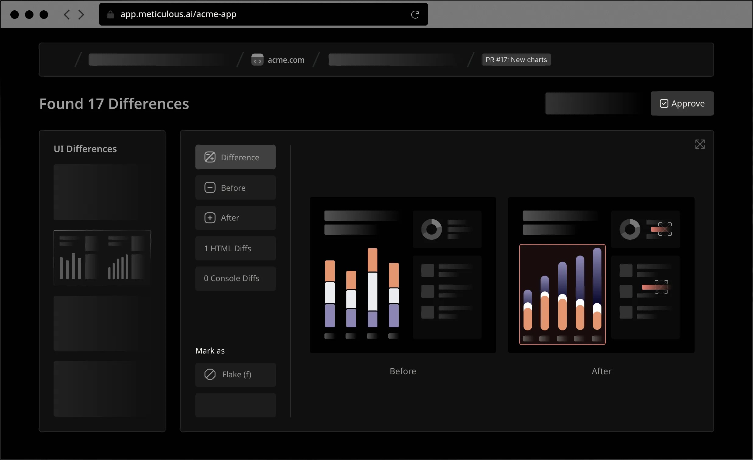 Meticulous product interface showing seventeen visual differences between before and after versions of an application