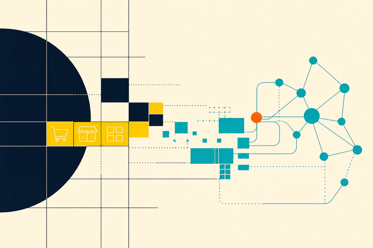 Abstract Swiss-style composition showing commerce modules flowing into software systems and an AI network