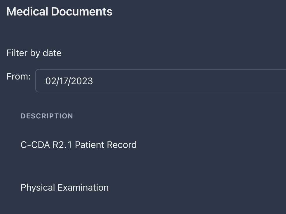 Metriport Medical Documents dashboard showing date filter and clinical document list