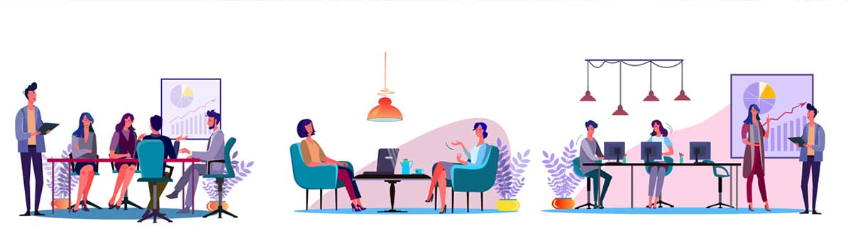 Metrix website illustration showing people meeting, planning and working at computers