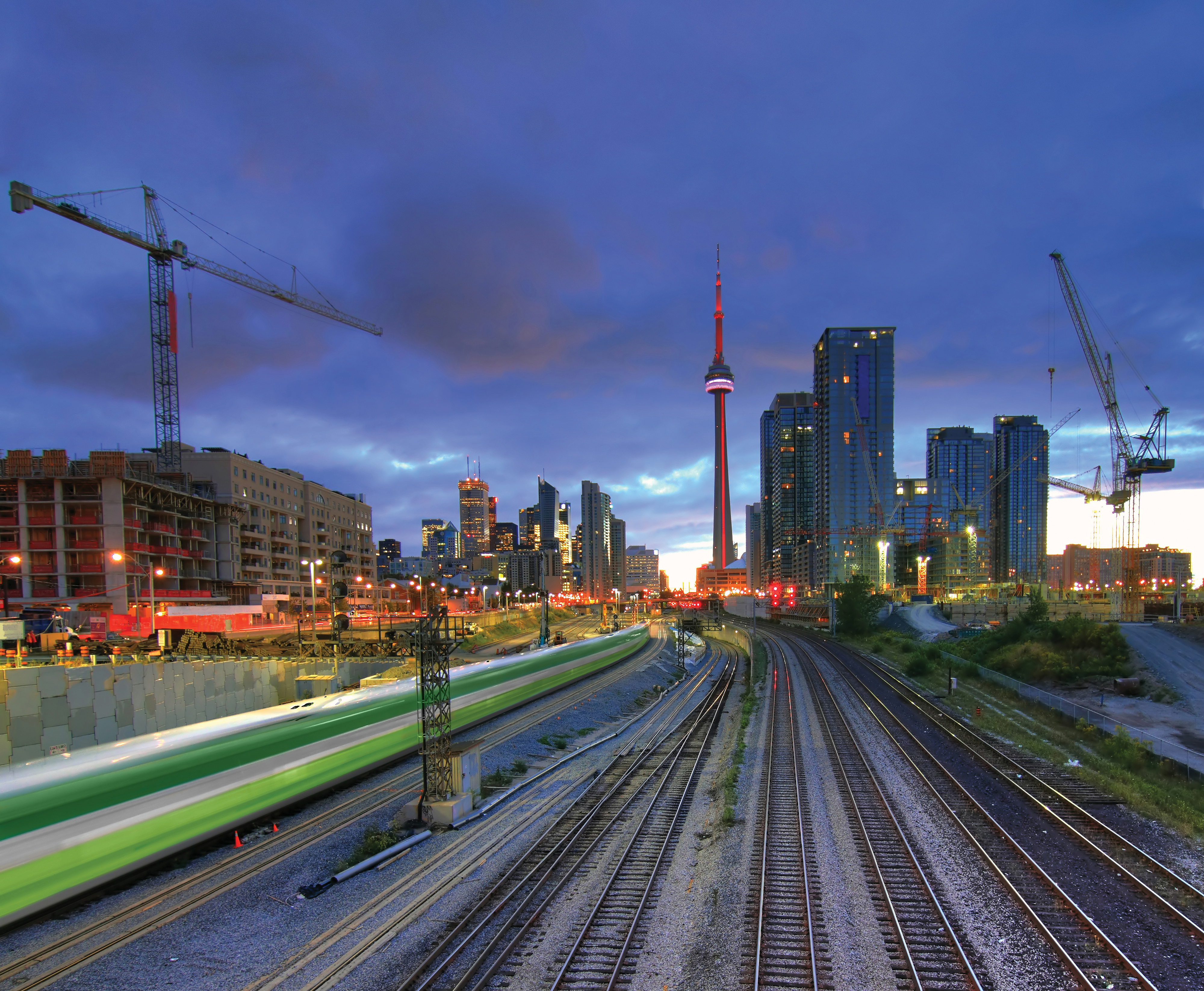 A GO Transit train passes through downtown Toronto
