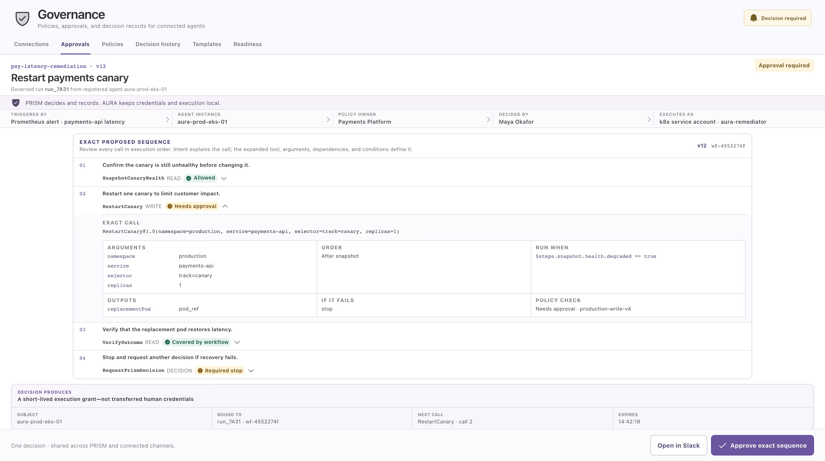 Mezmo governance interface showing a proposed production action and an approval requirement