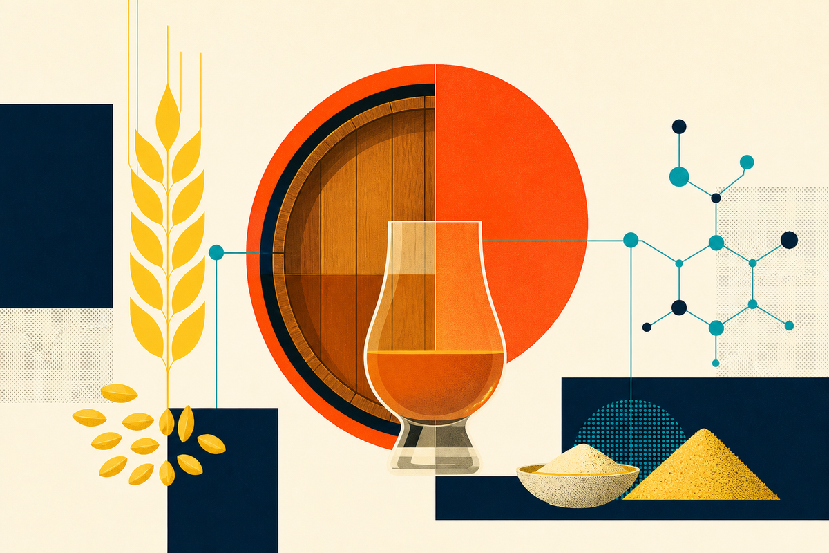 Abstract Swiss-style composition of grain, a whiskey glass, a barrel and molecular forms