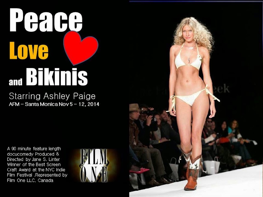 Promotional artwork for Peace, Love and Bikinis, with an Ashley Paige swimwear runway photograph