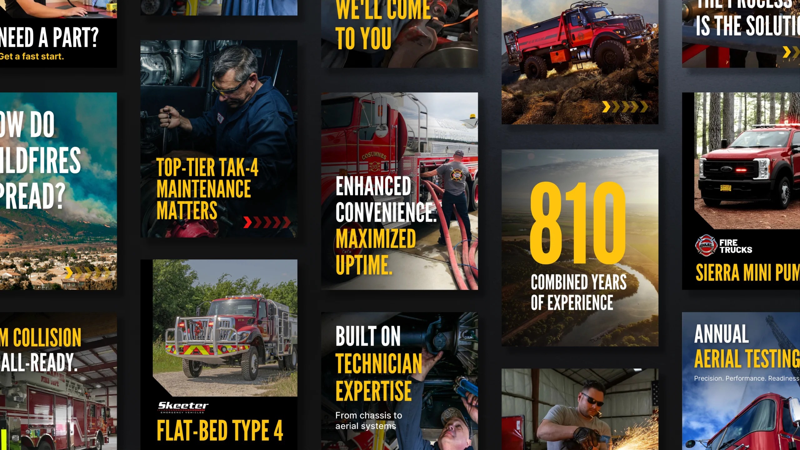 MHD portfolio collage of Golden State Fire campaign designs featuring fire trucks and technicians