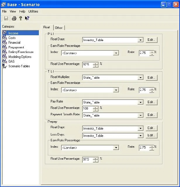 Older MIAC DS Base Scenario interface showing configurable income, float and rate assumptions