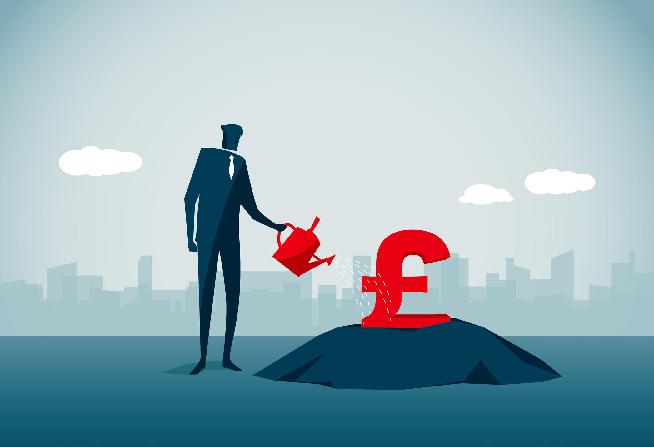 Editorial illustration of a businessperson watering a pound sign