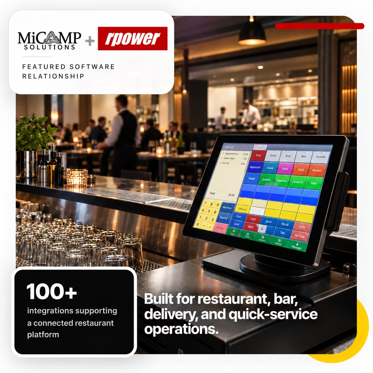 MiCamp and RPOWER promotional illustration showing a restaurant point-of-sale terminal