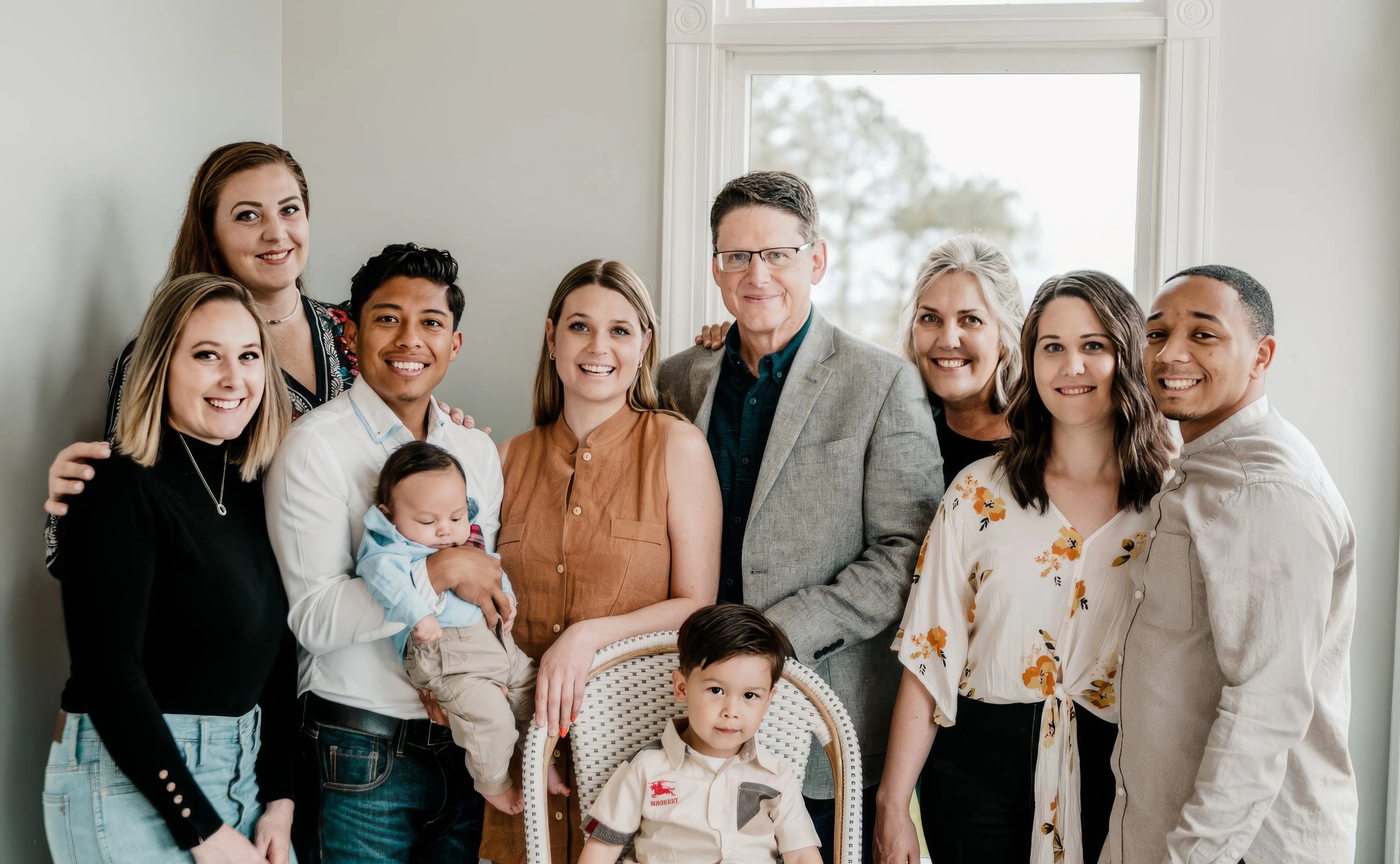 Michael Bontrager in a gray jacket with Dot and their extended family, including Stephanie Almanza and Kymm Bontrager