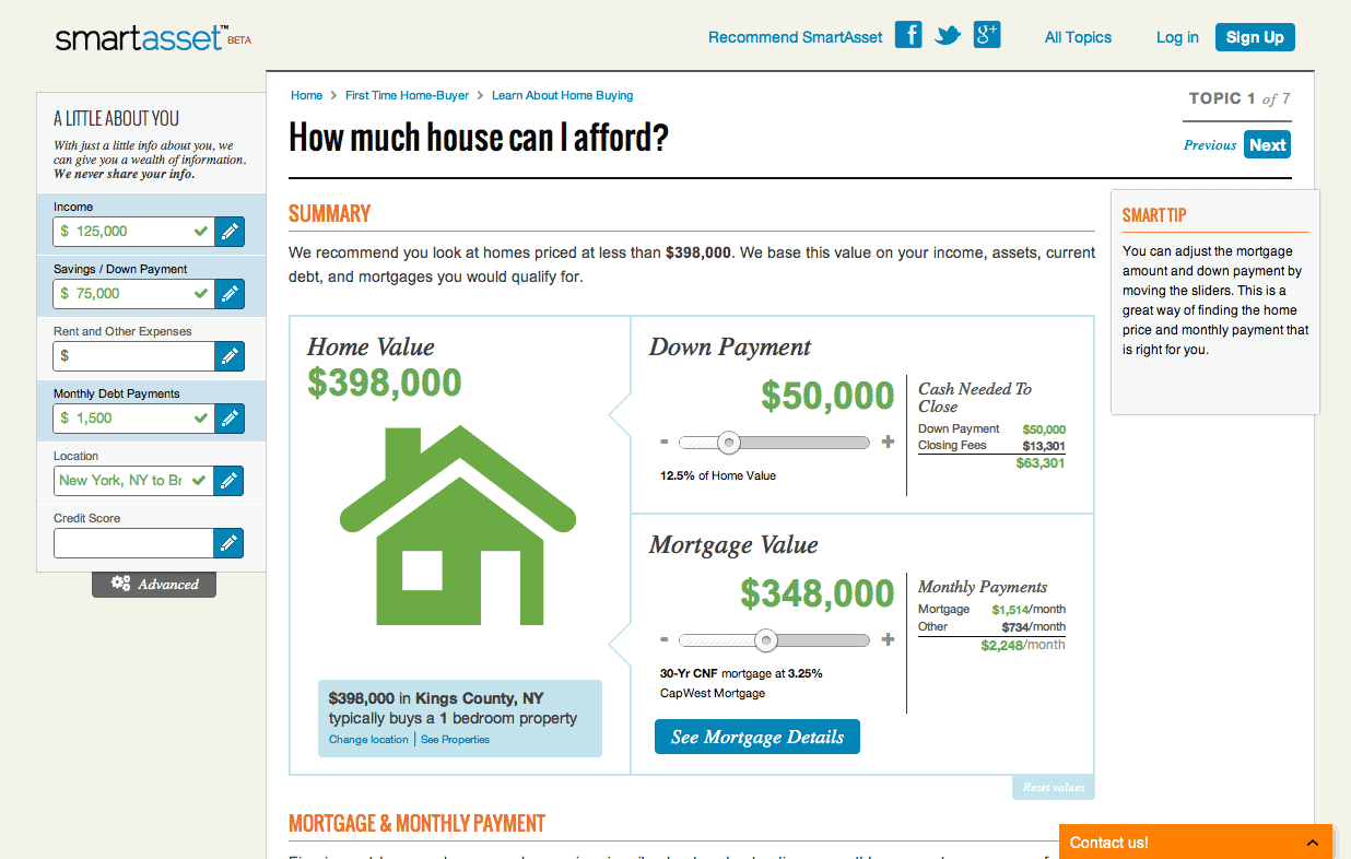 Early SmartAsset home affordability interface, showing a personalized calculation and its assumptions