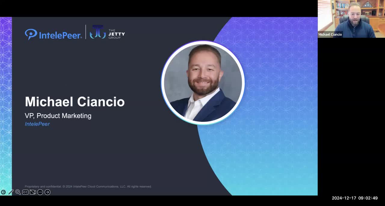 Michael Ciancio appearing on camera beside his introduction slide during a December 2024 IntelePeer webinar