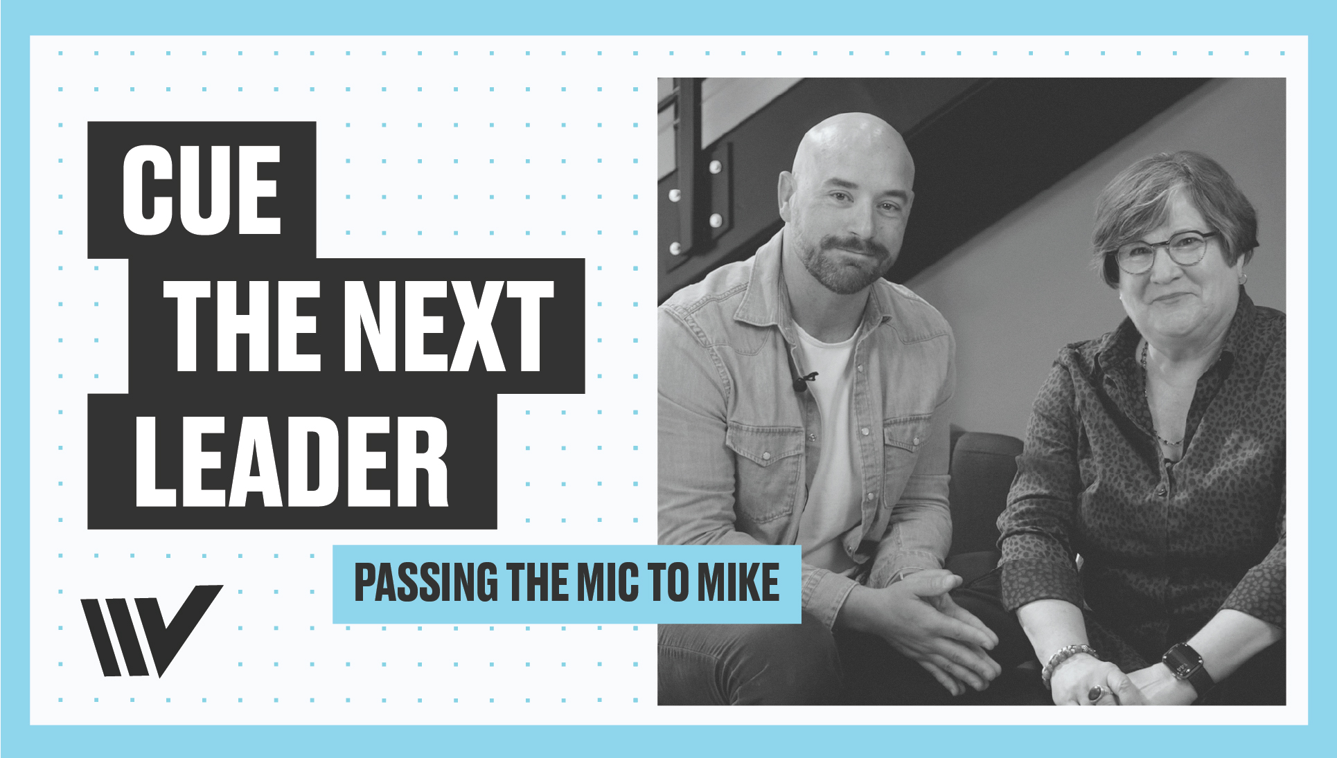 Michael Hopkins seated with Angela Rizzo for the Cue the Next Leader podcast episode Passing the Mic to Mike