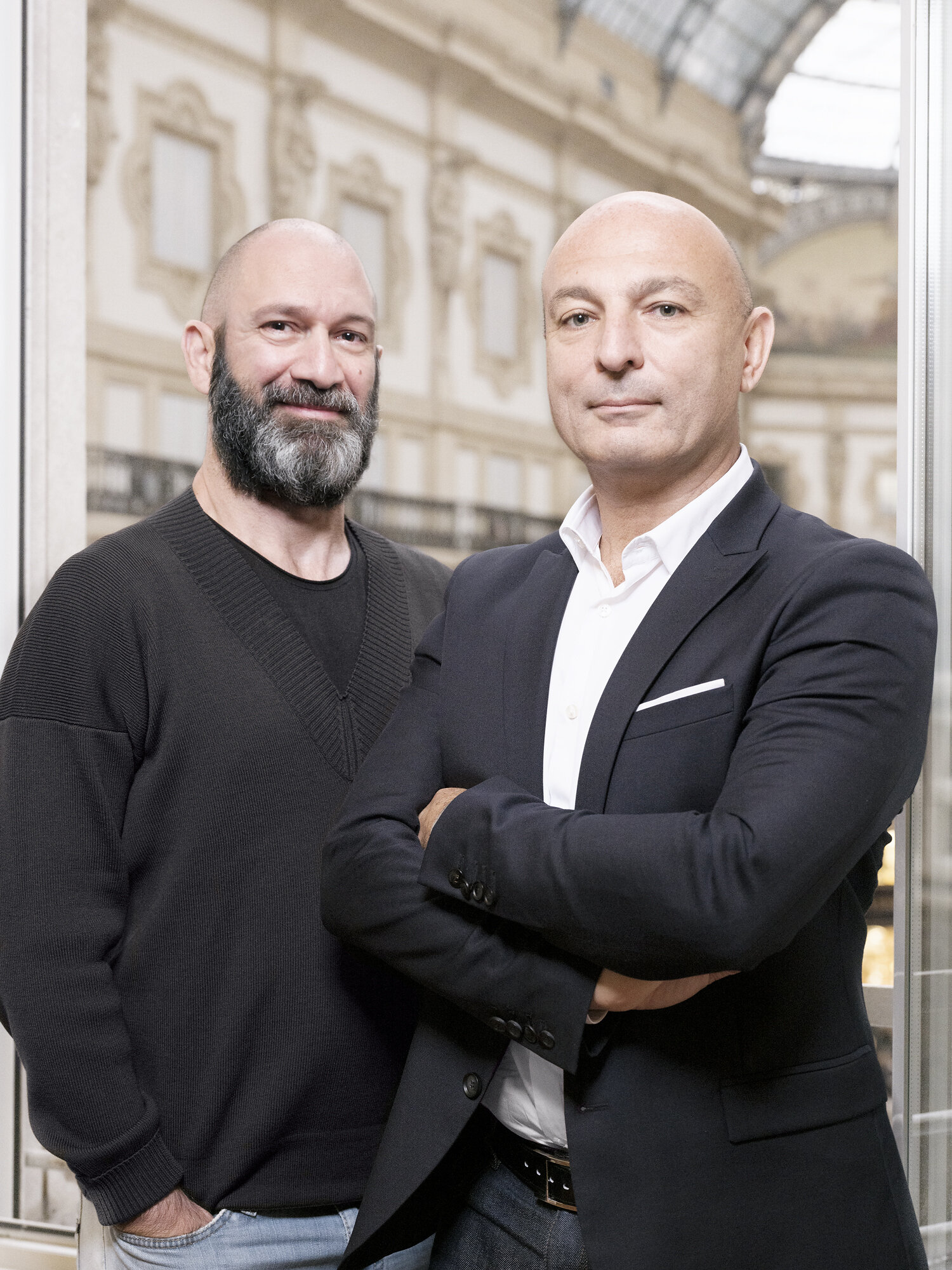 Andrea Oreni and Michael Jaïs standing together for the announcement of Launchmetrics’ IMAXtree acquisition