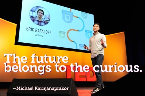 Michael Karnjanaprakorn speaking on the TED stage during his Skillshare years