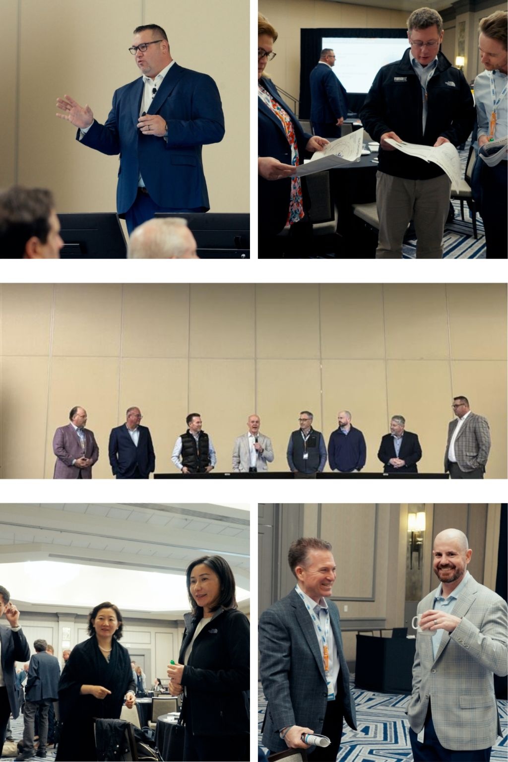 A collage from Vibrantz’s global leadership gathering, with Michael King speaking at upper left and colleagues meeting in groups