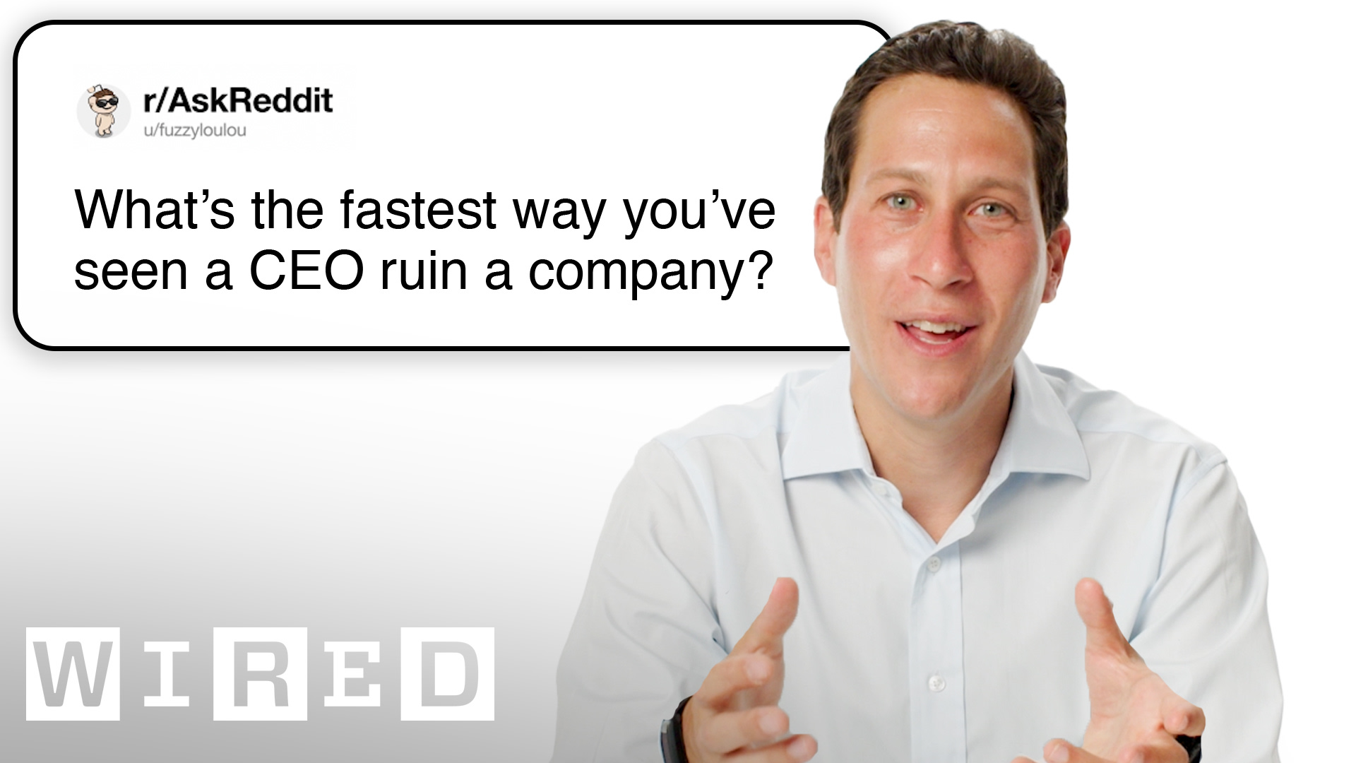 Michael Mager gestures while answering a question about CEOs in WIRED's Startup Support video