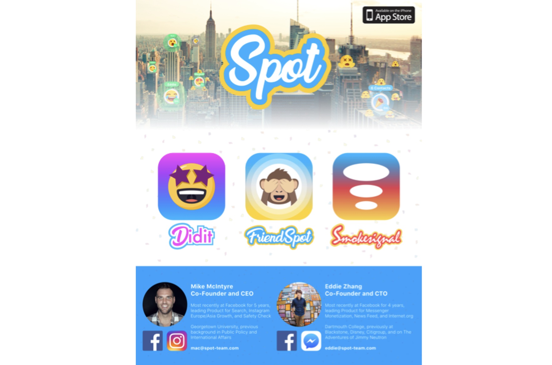 A 2017 Spot recruiting graphic showing the Didit, FriendSpot and Smokesignal apps and founders Mike McIntyre and Eddie Zhang