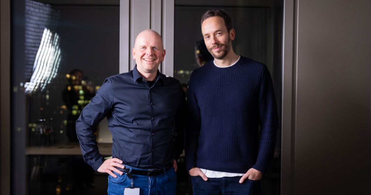Michael Miebach, left, with interviewer Philipp Westermeyer in Frankfurt