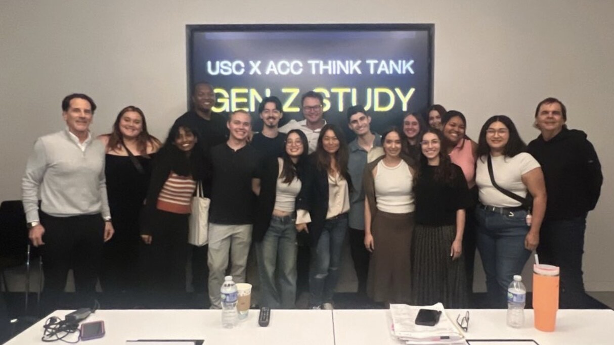 Michael Nyman at left with USC students and professor Matthew Le Veque at the USC x ACC think tank