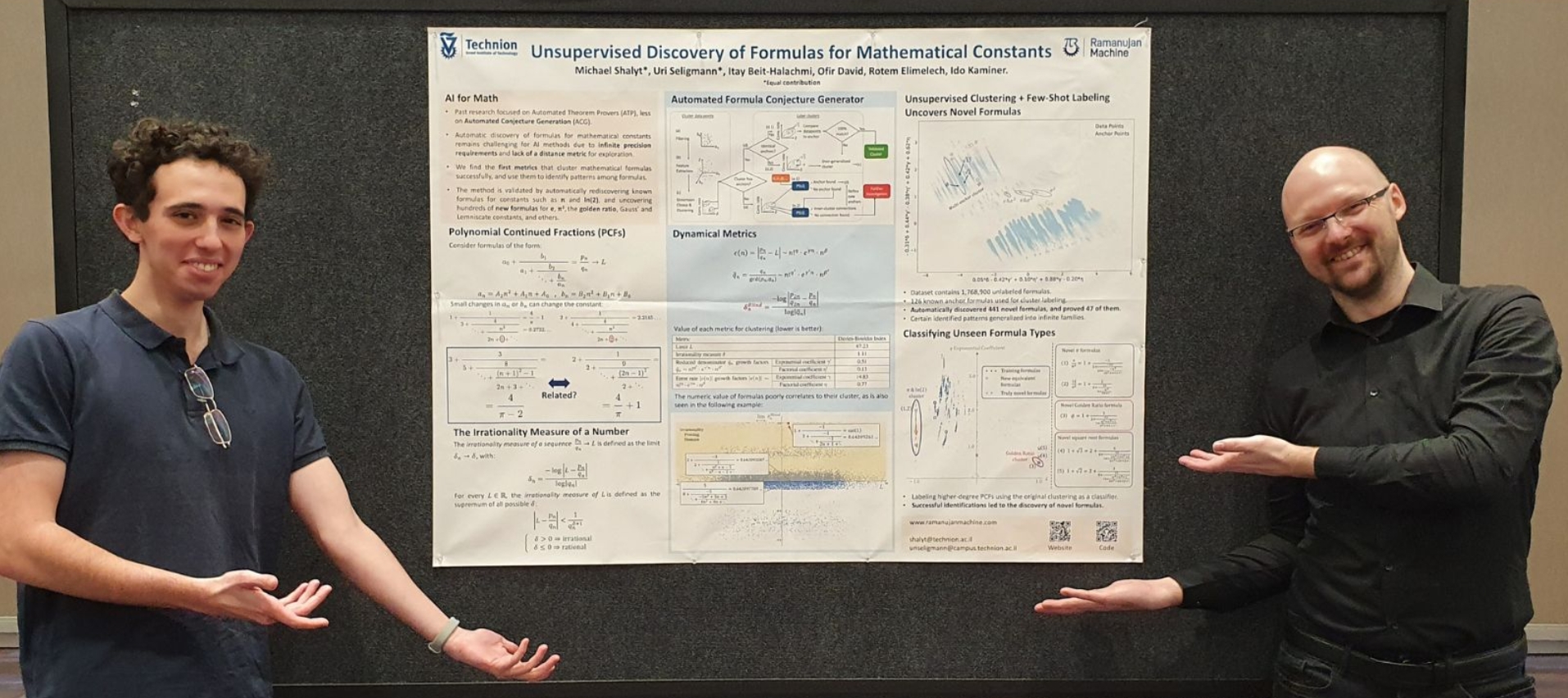 Michael Shalyt, at right, and a fellow presenter gesturing toward their NeurIPS 2024 poster on mathematical constants