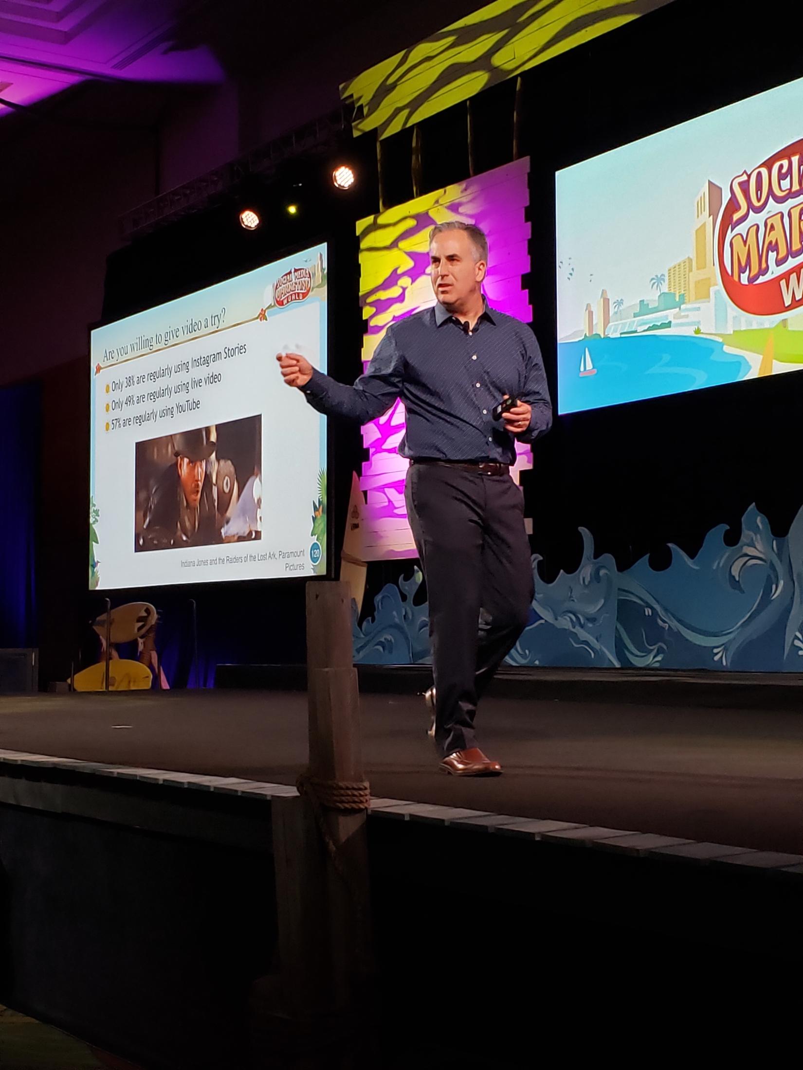 Michael Stelzner on stage at Social Media Marketing World, beside a slide asking whether marketers will try video