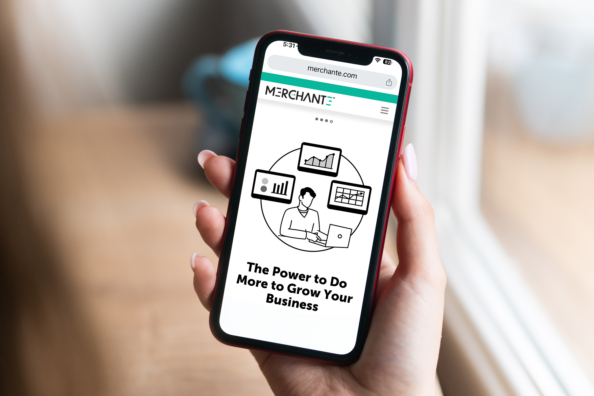 MerchantE mobile website showing the redesigned fintech brand and a simple business-growth illustration