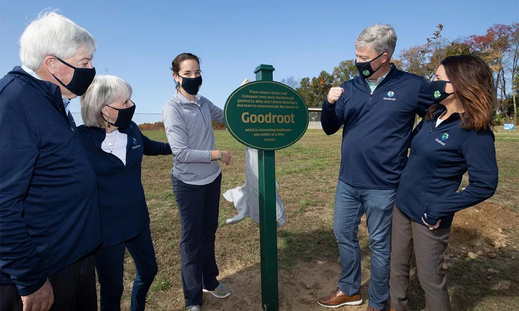 Michael Waterbury and fellow participants beside the Goodroot tree-planting plaque at the October 2020 launch in Canton