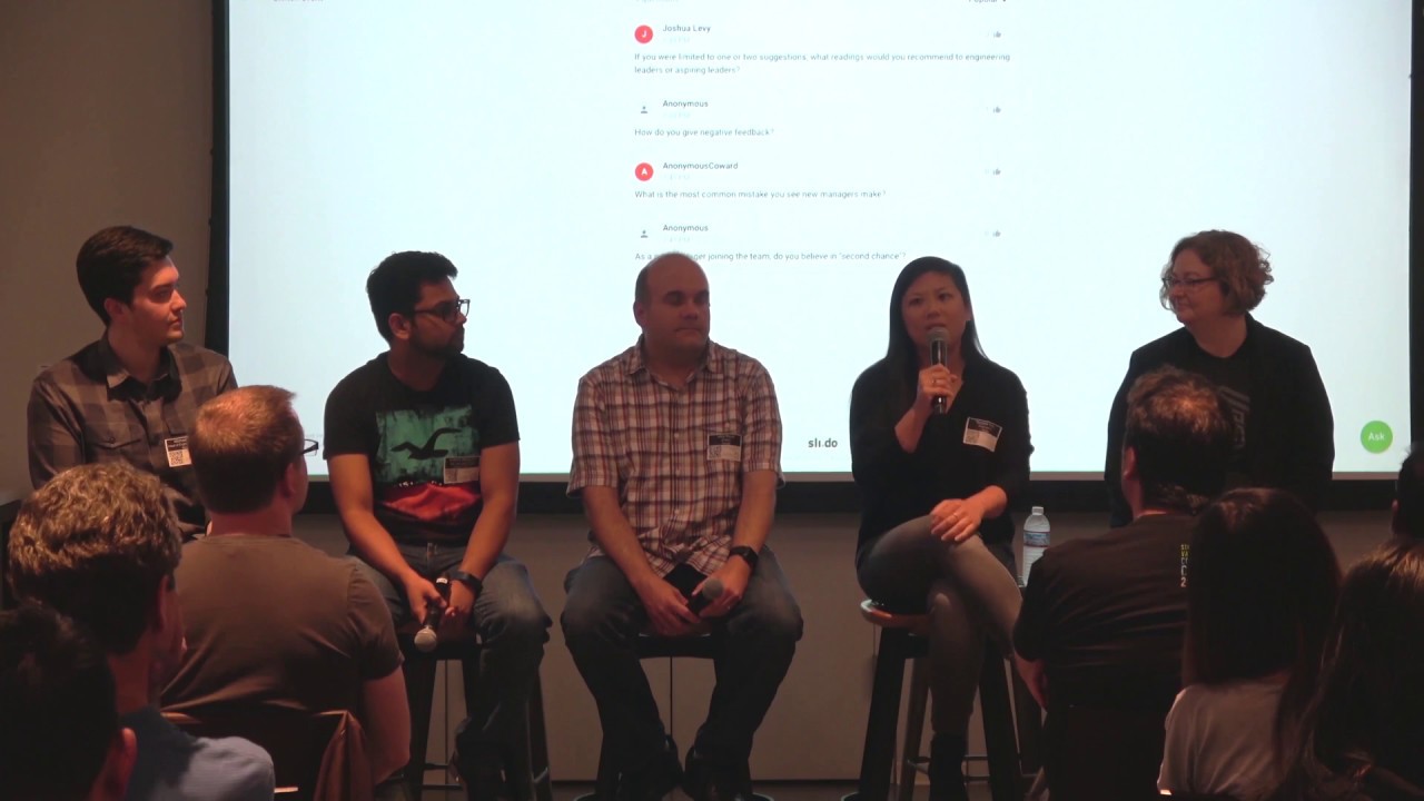 Michael White, at far left, moderating an engineering leadership panel in 2018