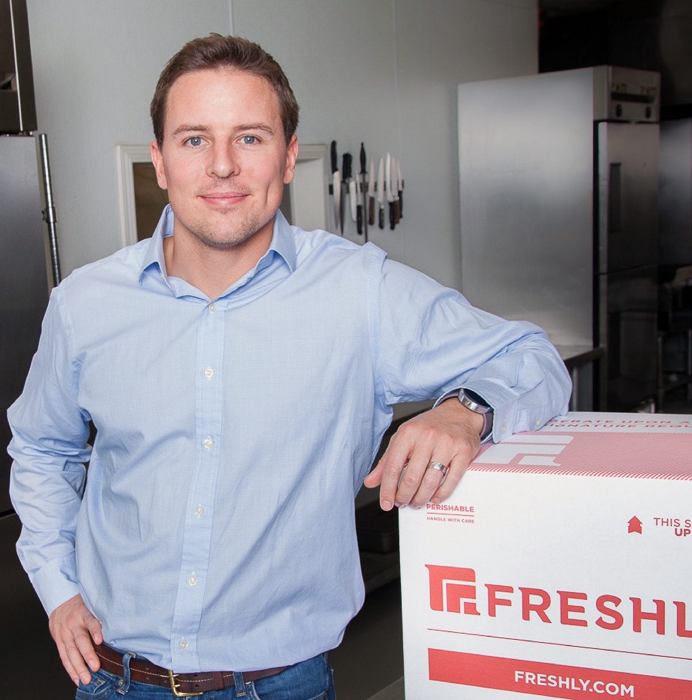 Michael Wystrach in a kitchen beside an early Freshly shipping box