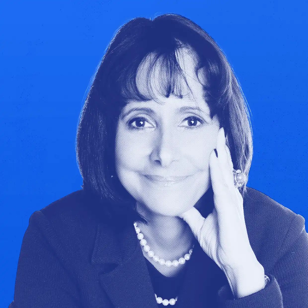 A stylized blue press portrait of Michelle Ferguson
