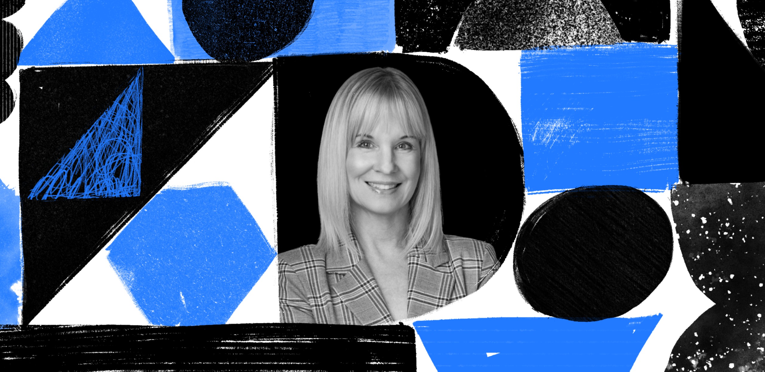 Editorial collage featuring Michelle Hege in a patterned jacket against blue, black and white geometric shapes