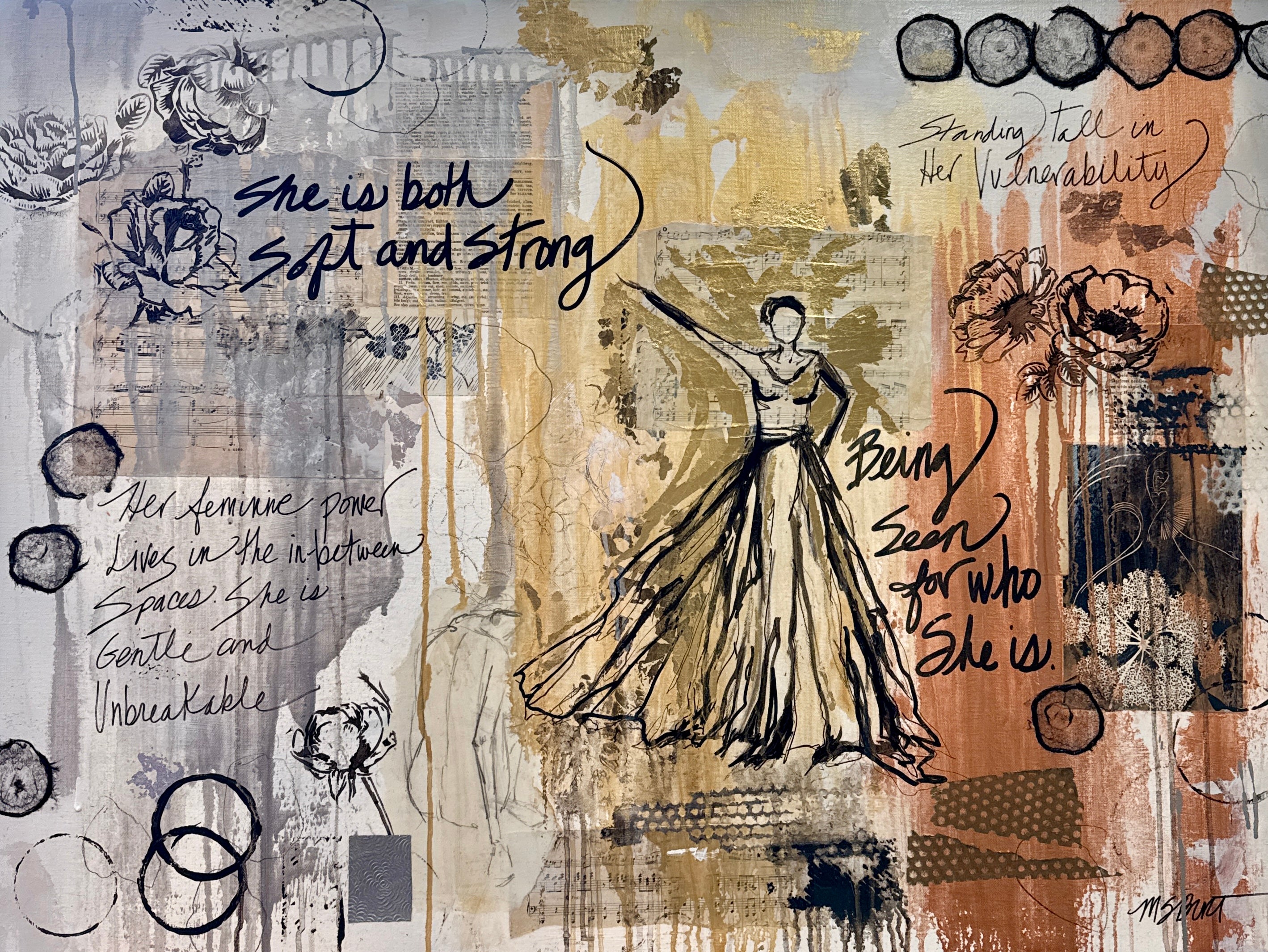 Both Soft and Strong mixed-media artwork with a female figure, flowers, collage and handwritten words