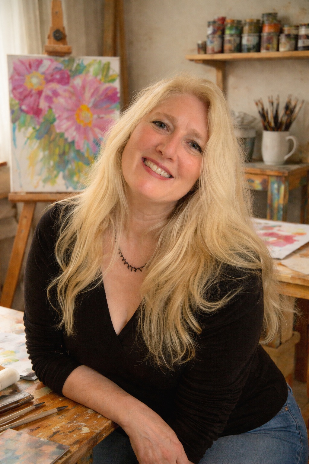 Michelle Burt smiling in her studio beside a pink floral painting, brushes and paint supplies