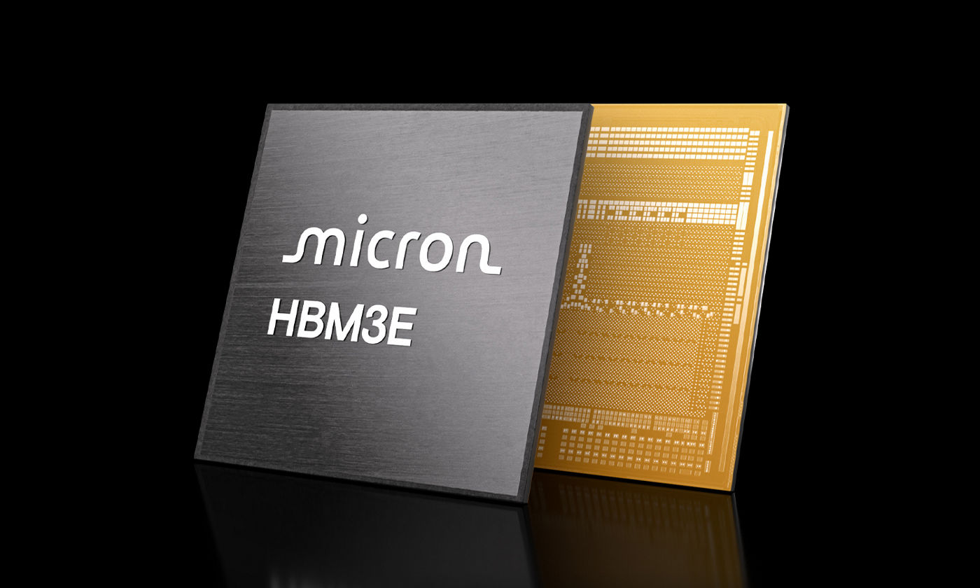 Micron HBM3E memory package and gold underside on a black background
